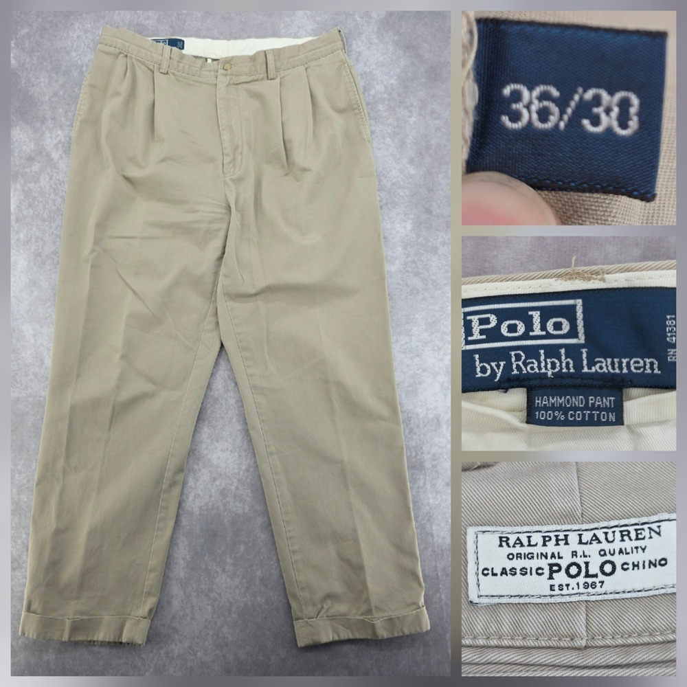 VTG Polo Ralph Lauren Hammond Pants Mens 36x30 Khaki Chino Double Pleated Cuffed